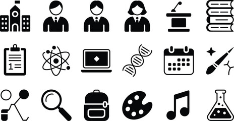 Education, Science, and Arts Icon Set – Vector Symbols of Learning, Creativity, and Academic Life