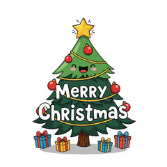 Happy cartoon Christmas tree with gold star and red ornaments, Merry Christmas lettering in playful font, gift boxes around, easy tracing design