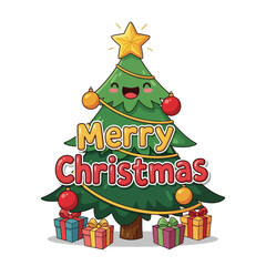 Happy cartoon Christmas tree with gold star and red ornaments, Merry Christmas lettering in playful font, gift boxes around, easy tracing design