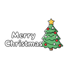 Cute Merry Christmas text with smiling Christmas tree, red and white decorations, golden star on top, simple cartoon outline, easy to trace, white background