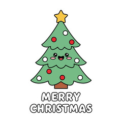 Cute Merry Christmas text with smiling Christmas tree, red and white decorations, golden star on top, simple cartoon outline, easy to trace, white background