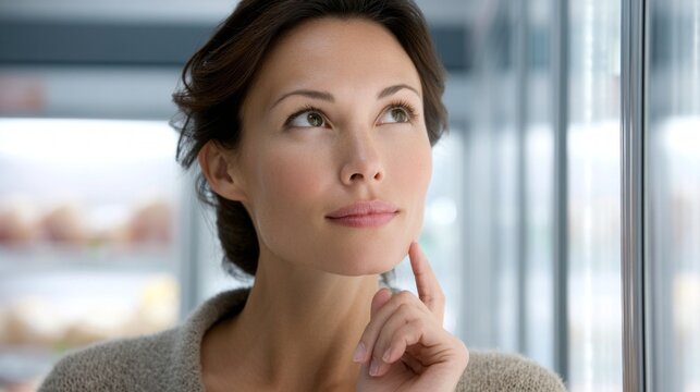 A stylish woman stands in a grocery store, pondering her choices as she examines the variety of fresh items in the refrigerated section