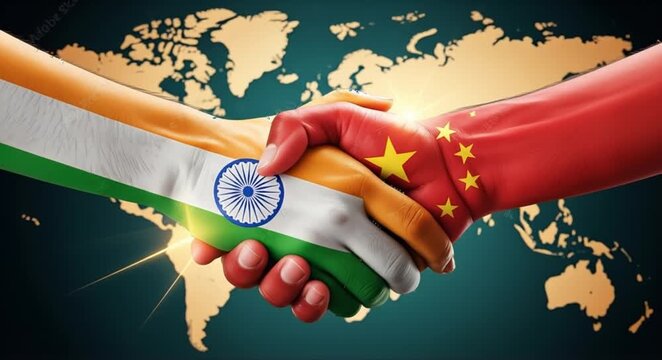 India and China shake hands on a new deal building stronger economies together across a world map showing international partnership and dynamic global relations