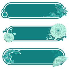 Beautiful oriental decorative label set with parasol and fan illustrations, elegant Asian style banner frames for product packaging, menu templates and cultural themed design