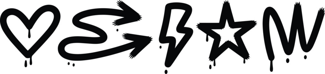 Graffiti Style Heart Arrow Lightning Bolt Star and Wavy Line Symbols Dripping Paint