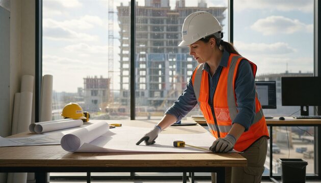 Construction manager reviewing blueprints at a building site with modern architecture in the background