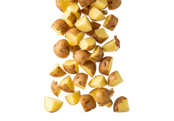 Irregularly cut potato cubes and wedges, earthy pale yellow and rustic brown skins, captured mid-air tumbling against a transparent background, dynamic food preparation