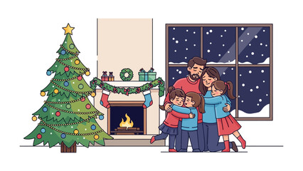 Cozy Christmas Family Moment: An illustrated heartwarming scene of a family embraced near a decorated Christmas tree and a cozy fireplace with snowfall visible through a window. 