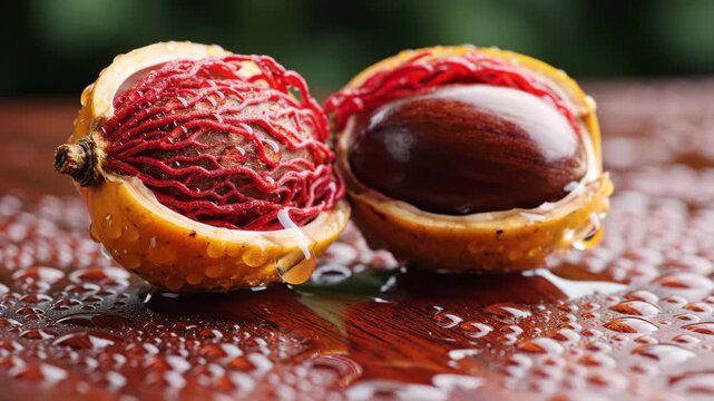 Two cut achiote pods display red pulp  a dark seed set on a wet wooden surface with water droplets