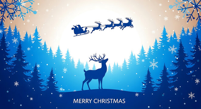 Silhouette of santa claus riding reindeer sleigh over forest at christmas