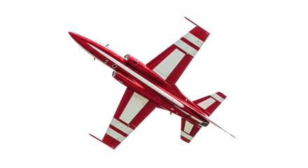 Vibrant candy-apple red aerobatic jet with white stripes, inverted mid-flight against a transparent studio background with ample copy space, concept of aerial precision and technical excellence