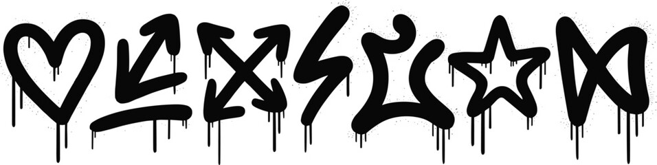 Graffiti Style Heart Arrows Lightning Bolt Star and Wavy Line Symbols Spray Paint Effect