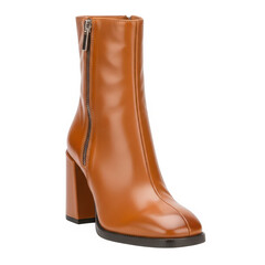 Elegant brown leather ankle boot with zipper isolated on transparent background