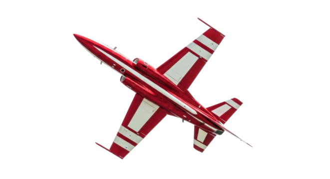 Vibrant candy-apple red aerobatic jet with white stripes, inverted mid-flight against a transparent studio background with ample copy space, concept of aerial precision and technical excellence - Powered by Adobe