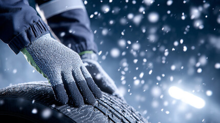 Gloved hands of a mechanic are handling a winter tire in a snowy environment, showcasing the importance of seasonal vehicle maintenance and safety during winter months