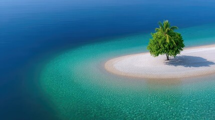 Top Down Aerial View of a Small Sandy Island With a Single Green Tree in the Center Bathed in Bright Sunlight