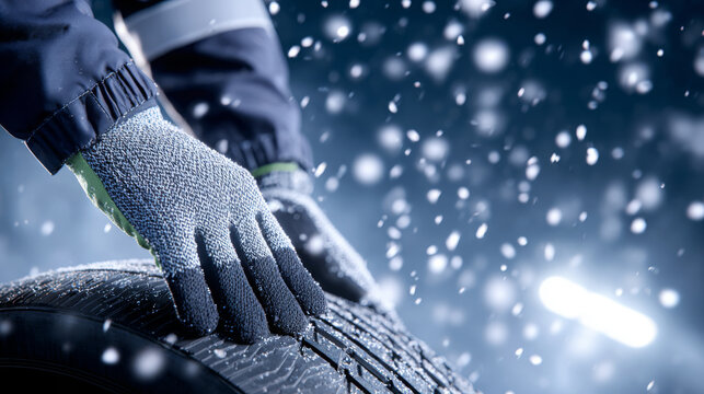 Gloved hands of a mechanic are handling a winter tire in a snowy environment, showcasing the importance of seasonal vehicle maintenance and safety during winter months