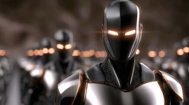 Futuristic humanoid robots with sleek metallic surfaces and glowing eyes stand in formation, showcasing advanced technology and design in a sci-fi environment