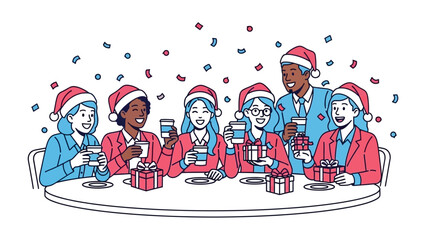 Holiday Cheers: An illustration depicts a lively office holiday gathering with a diverse group of professionals. They are filled with merriment and exchange gifts