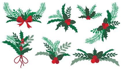 Botanical holiday winter decor for Christmas and New Year s designs. Set of compositions of fir branches, leaves, holly and berries. Clip art Christmas attributes, vector elements