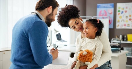 Doctor, clipboard and girl with mother in hospital for wellness checkup, consulting and medical advice. Patient assessment, healthcare exam and pediatrician with woman and child for treatment notes