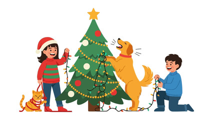 Festive Family Decorating: A heartwarming scene unfolds as a family, joined by a dog and a cat, comes together to adorn a Christmas tree with cheerful lights and ornaments.