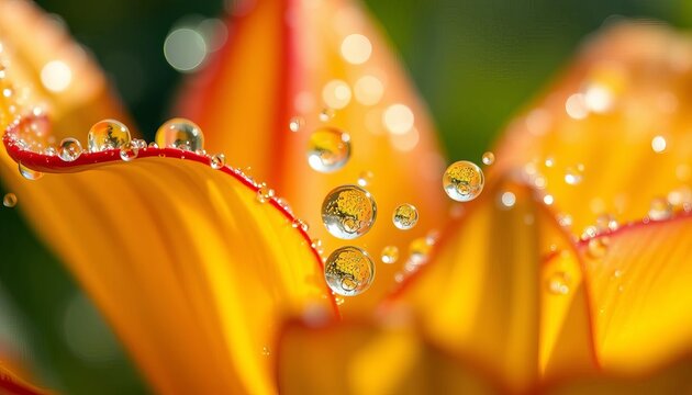 Macro view of dew drops on petals creating a shimmering cascade of light and color,  color,  petals