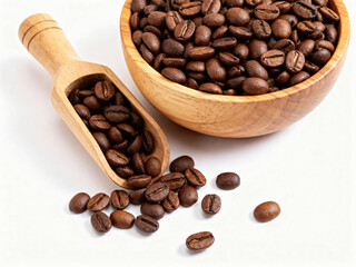 Premium Dark Roasted Coffee Beans in Wooden Bowl and Scoop