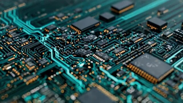 Close-up of a printed circuit board (PCB) with microchips and teal copper traces.