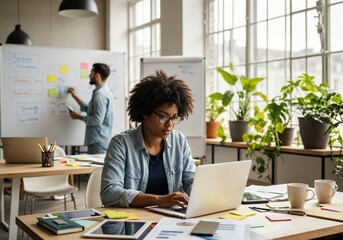 Focused young woman working on laptop in modern office with plants and brainstorming activities
