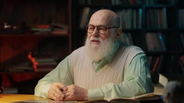 Senior male scientist having video call on laptop at night, talking to colleague