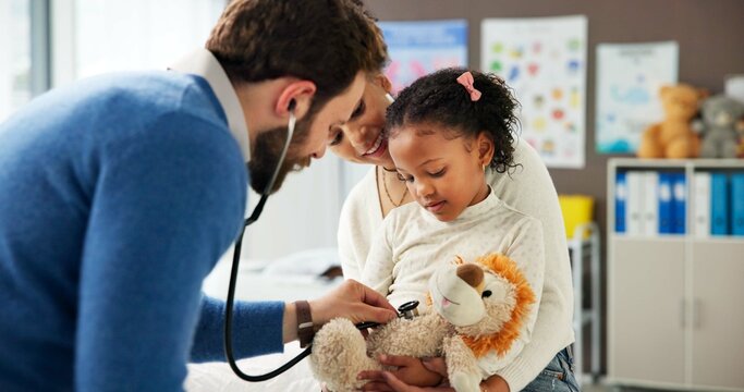 Teddy bear, stethoscope and doctor with girl in hospital for asthma checkup, consulting and medical advice. Breathing assessment, healthcare exam and pediatrician with mother and child for toy game