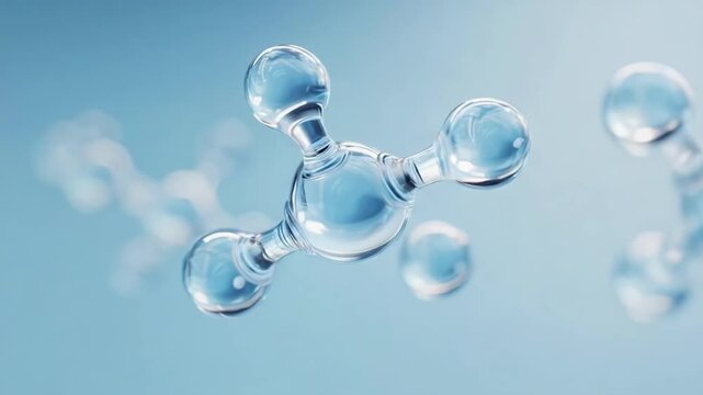 Close-up of a blue glass ball-and-stick molecular model, showing a central atom bonded to several surrounding atoms.