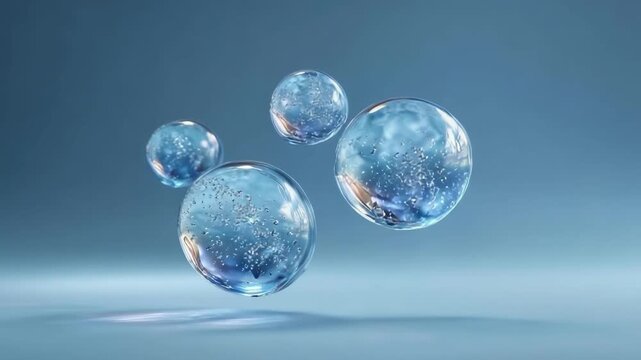 Three blue, iridescent soap bubbles floating above a smooth surface.