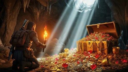 Adventurer with torch finds treasure chest filled with gold in a dark cave video generative ai