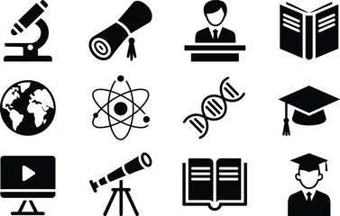 Education and Science Icon Set – Vector Symbols of Academic Achievement, Online Learning, and STEM Exploration