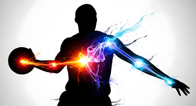Abstract illustration of a handball player with energy flow, highlighting muscle and joint activity