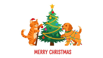 Festive Friends: A charming illustration depicts a cat and a dog adorning a Christmas tree, radiating the warmth and joy of the holiday season.