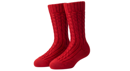 Socks with red cable knit pattern isolated on transparent background