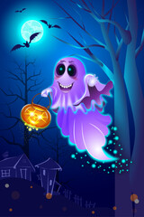 A ghost is flying through the forest with a pumpkin pot. An illustration for Halloween.