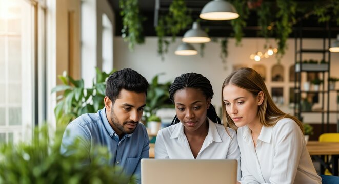Diverse team collaborating on a laptop in a bright modern workspace with greenery