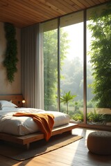 AI Generative. Luxury Biophilic Bedroom Interior with Panoramic Nature View and Wood Accents. 5
