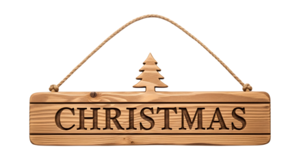 Christmas sign with carved tree isolated on transparent background