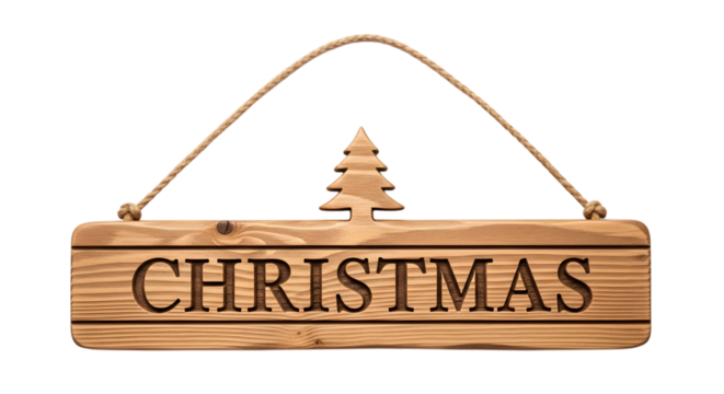 Christmas sign with carved tree isolated on transparent background