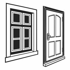 Black and white illustration of a paneled door and a multi pane window