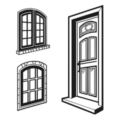 Architectural elements black and white illustration of door and windows