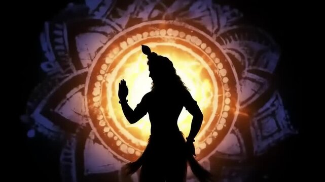 Silhouette Hindu deity with glowing background.