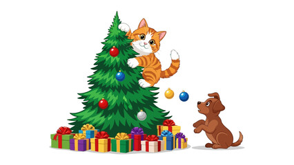 Festive Friends: A charming illustration depicts a playful scene of a cat and a dog adorning a vibrant Christmas tree, surrounded by colorful gifts, bringing a sense of warmth and festive joy.