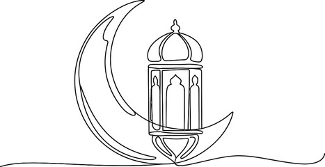 Minimalist continuous line art drawing of a crescent moon and a traditional islamic lantern, symbolizing ramadan, eid, and other significant spiritual celebrations.