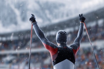 Biathlete celebrates victory after crossing the finish line in snow